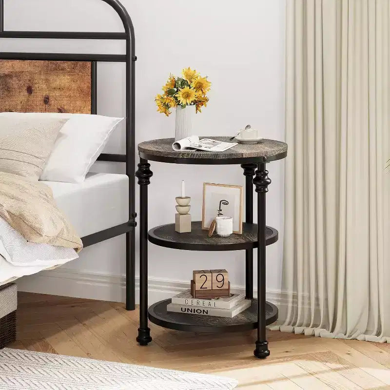 Table d'appoint ronde à 3 niveaux avec cadre en acier, table de chevet multi-niveaux pour chambre et salon