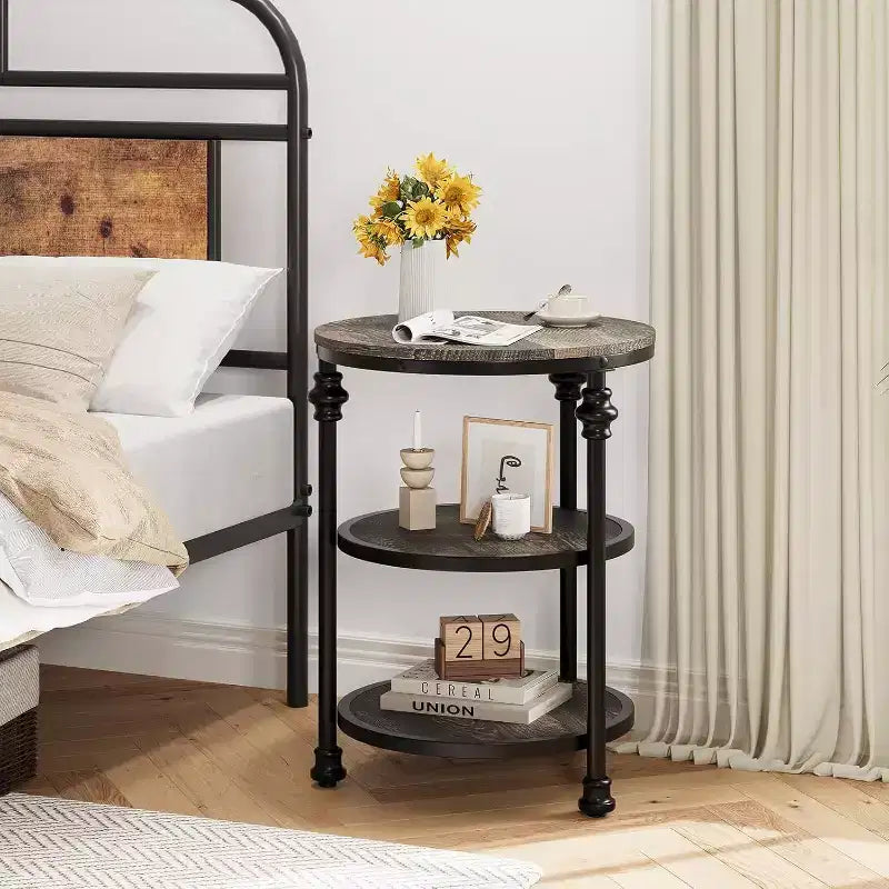 Table d'appoint ronde à 3 niveaux avec cadre en acier, table de chevet multi-niveaux pour chambre et salon