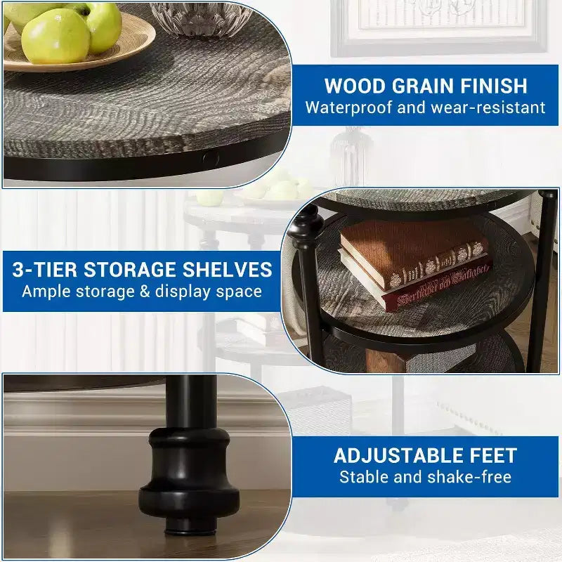 Table d'appoint ronde à 3 niveaux avec cadre en acier, table de chevet multi-niveaux pour chambre et salon