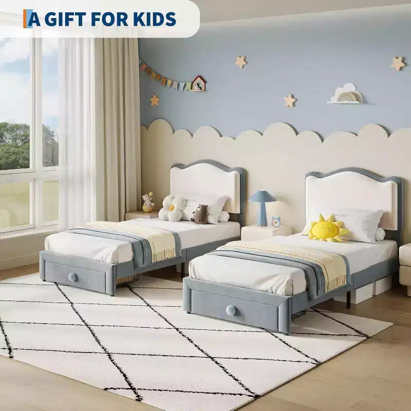 Cadre de lit double rembourré avec tiroir de rangement et tête de lit festonnée, sommier tapissier princesse pour enfants filles, support à lattes en bois