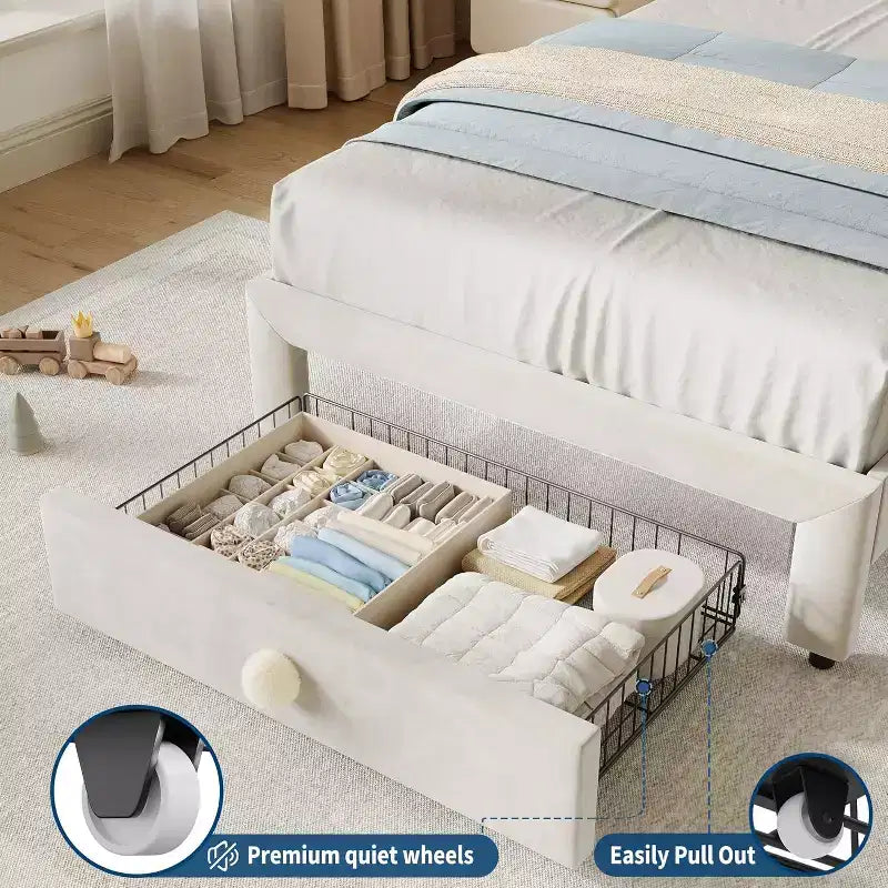 Cadre de lit double rembourré avec tiroir de rangement et tête de lit festonnée, sommier tapissier princesse pour enfants filles, support à lattes en bois