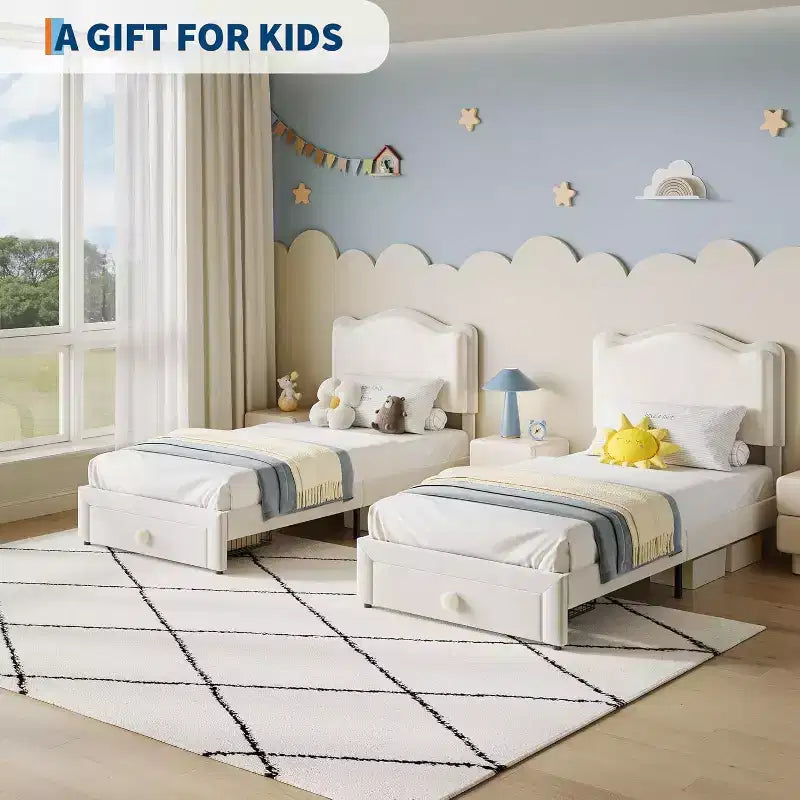 Cadre de lit double rembourré avec tiroir de rangement et tête de lit festonnée, sommier tapissier princesse pour enfants filles, support à lattes en bois