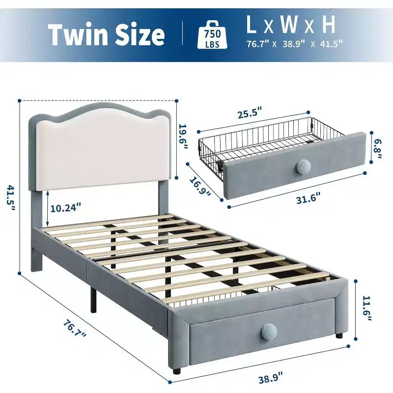 Cadre de lit double rembourré avec tiroir de rangement et tête de lit festonnée, sommier tapissier princesse pour enfants filles, support à lattes en bois