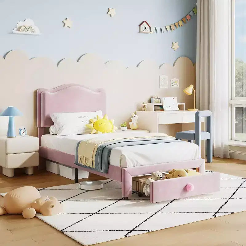 Cadre de lit double rembourré avec tiroir de rangement et tête de lit festonnée, sommier tapissier princesse pour enfants filles, support à lattes en bois