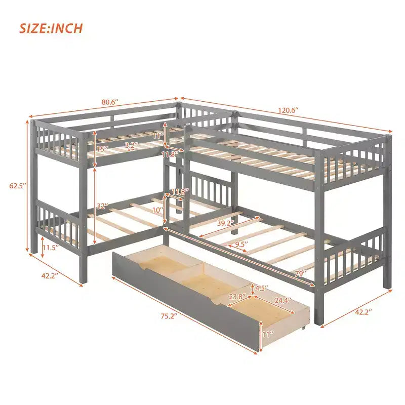 Lit superposé en L de taille double pour 4 personnes avec tiroirs de rangement