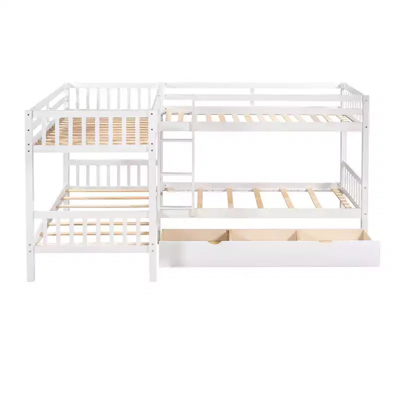 Lit superposé en L de taille double pour 4 personnes avec tiroirs de rangement