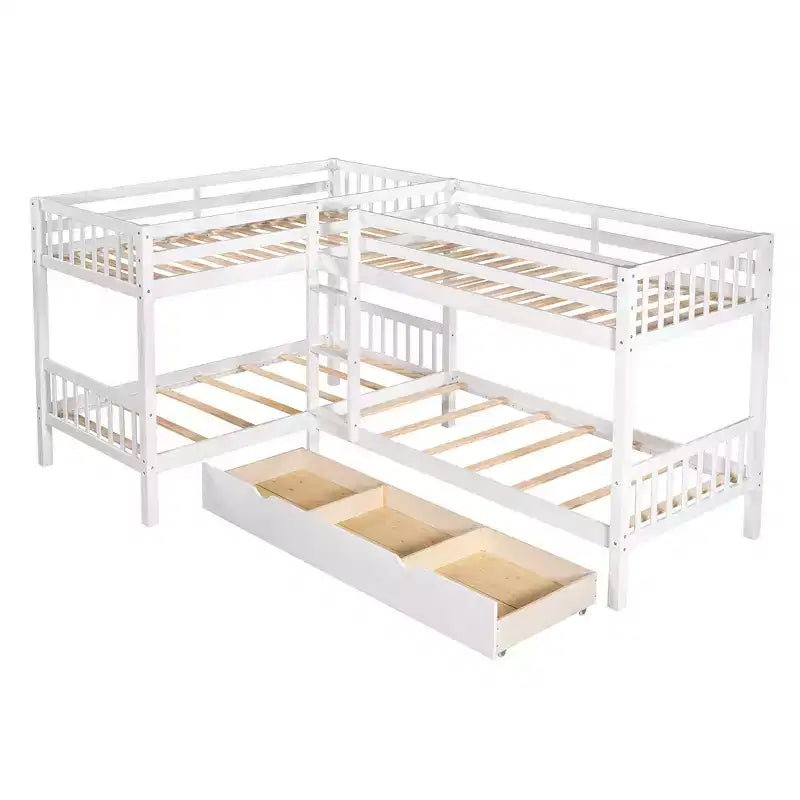 Lit superposé en L de taille double pour 4 personnes avec tiroirs de rangement