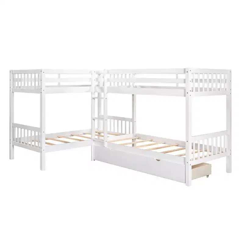 Lit superposé en L de taille double pour 4 personnes avec tiroirs de rangement