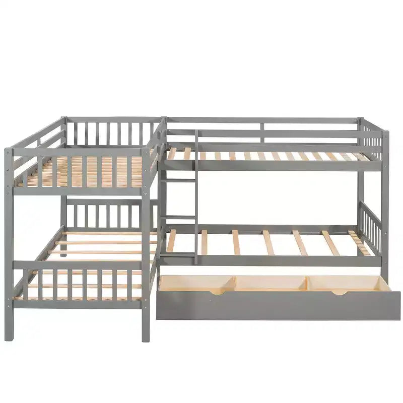 Lit superposé en L de taille double pour 4 personnes avec tiroirs de rangement