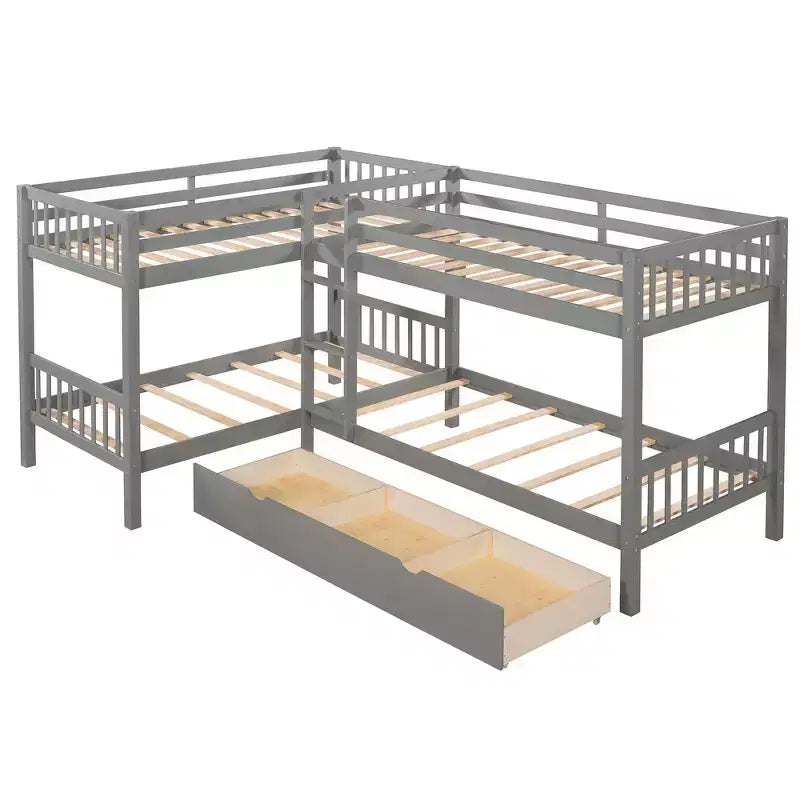 Lit superposé en L de taille double pour 4 personnes avec tiroirs de rangement