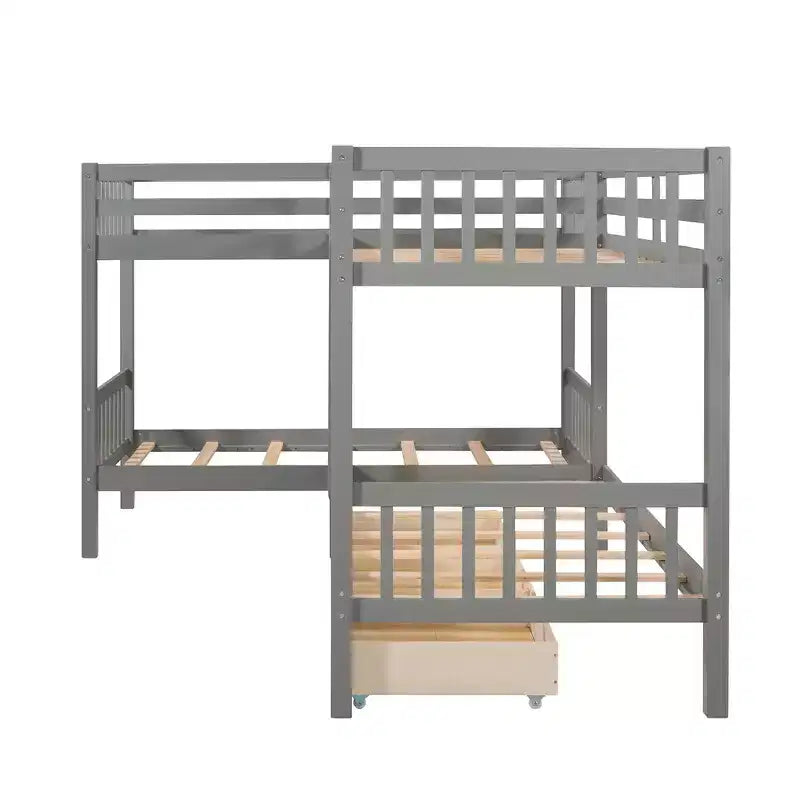 Lit superposé en L de taille double pour 4 personnes avec tiroirs de rangement