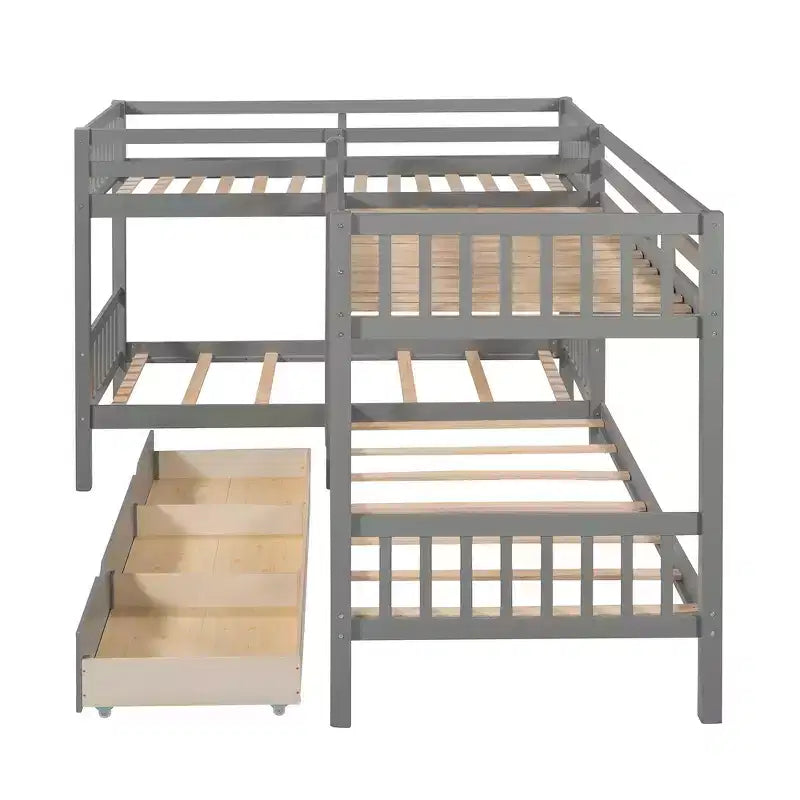 Lit superposé en L de taille double pour 4 personnes avec tiroirs de rangement