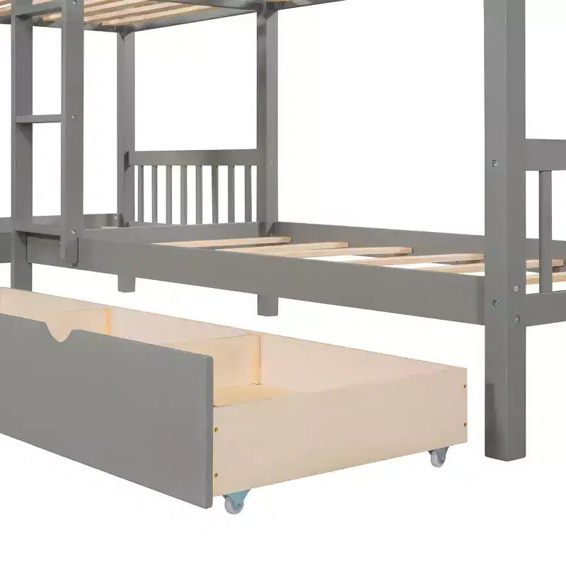 Lit superposé en L de taille double pour 4 personnes avec tiroirs de rangement