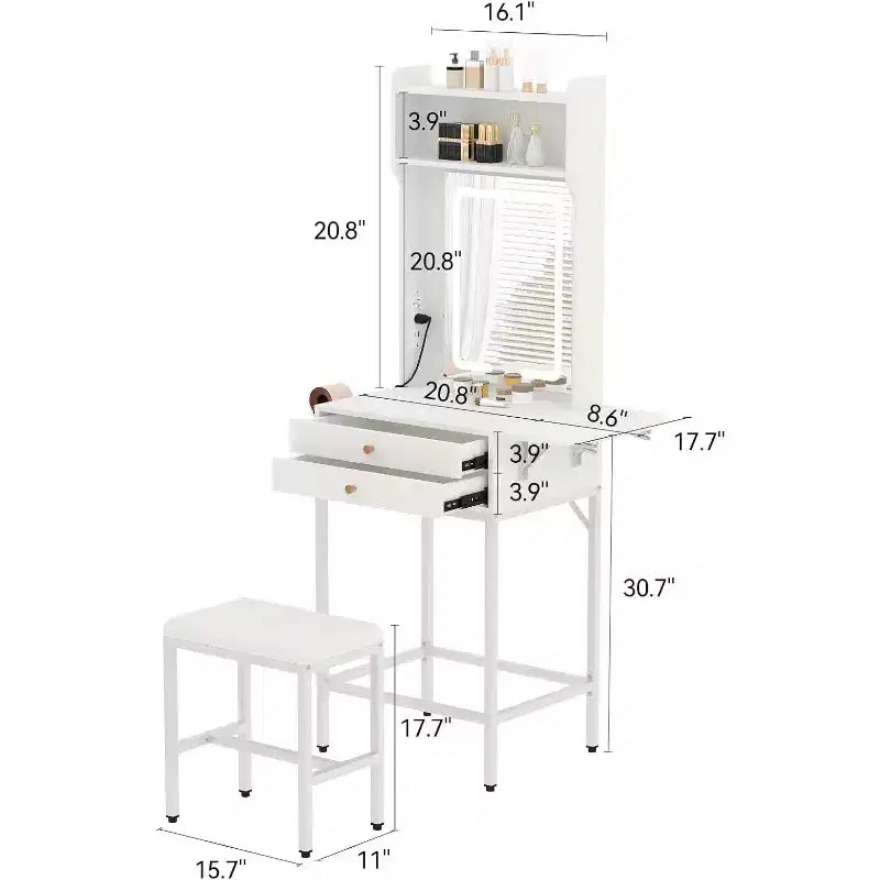 Mini coiffeuse avec miroir lumineux, panneau pliable, support pour sèche-cheveux, 2 tiroirs – Table de maquillage compacte