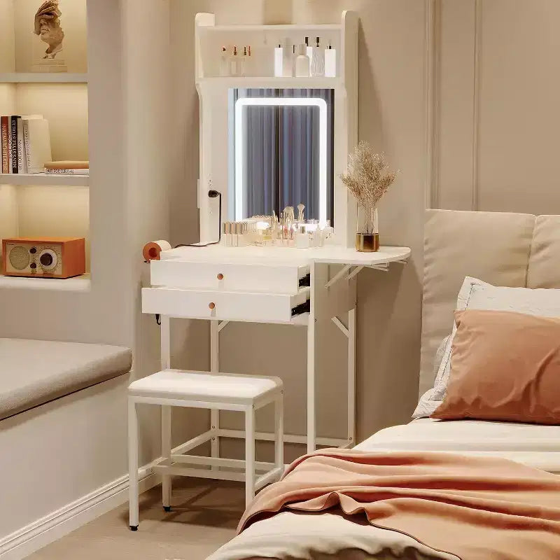 Mini coiffeuse avec miroir lumineux, panneau pliable, support pour sèche-cheveux, 2 tiroirs – Table de maquillage compacte