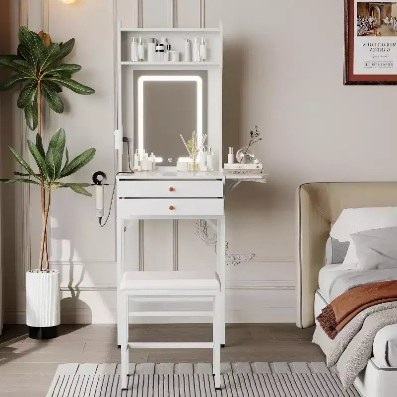Mini coiffeuse avec miroir lumineux, panneau pliable, support pour sèche-cheveux, 2 tiroirs – Table de maquillage compacte