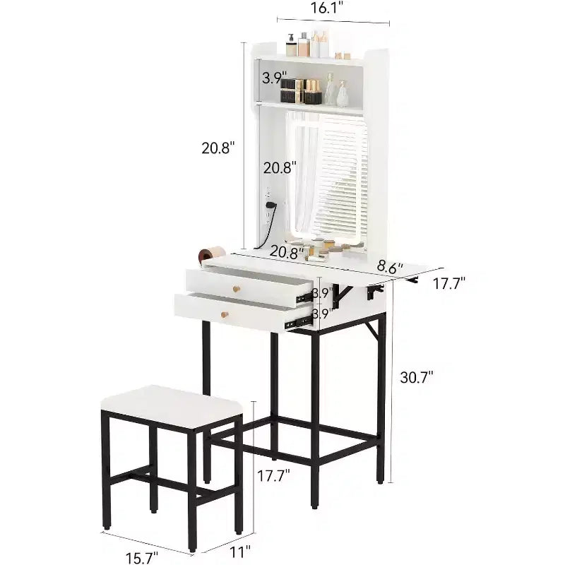 Mini coiffeuse avec miroir lumineux, panneau pliable, support pour sèche-cheveux, 2 tiroirs – Table de maquillage compacte