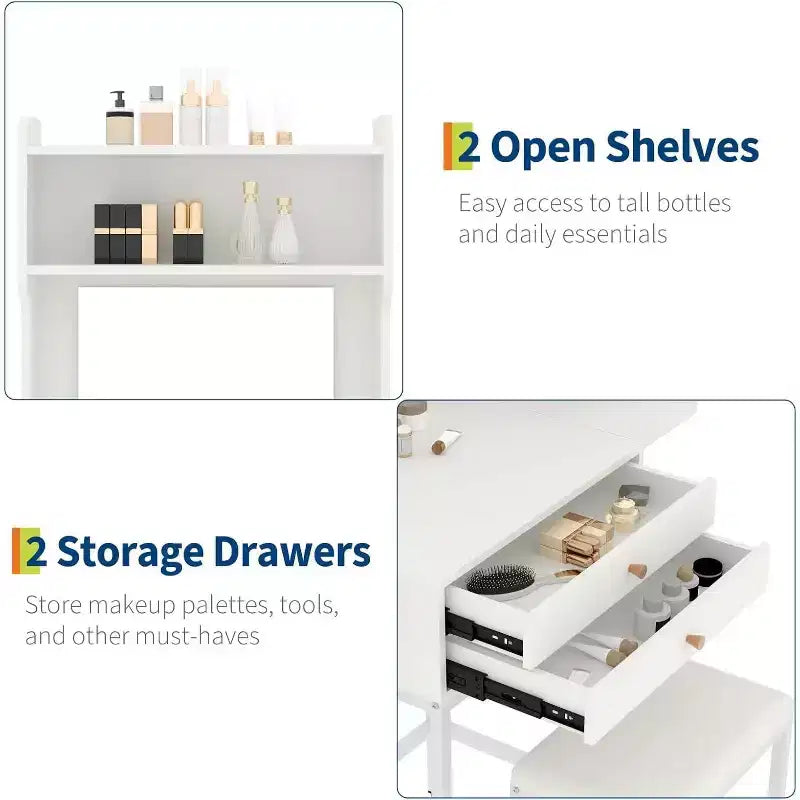 Mini coiffeuse avec miroir lumineux, panneau pliable, support pour sèche-cheveux, 2 tiroirs – Table de maquillage compacte