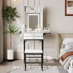 Mini coiffeuse avec miroir lumineux, panneau pliable, support pour sèche-cheveux, 2 tiroirs – Table de maquillage compacte
