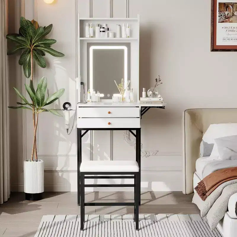 Mini coiffeuse avec miroir lumineux, panneau pliable, support pour sèche-cheveux, 2 tiroirs – Table de maquillage compacte