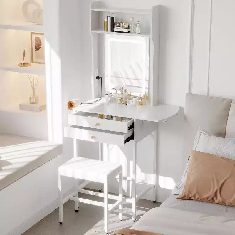 Mini coiffeuse avec miroir lumineux, panneau pliable, support pour sèche-cheveux, 2 tiroirs – Table de maquillage compacte