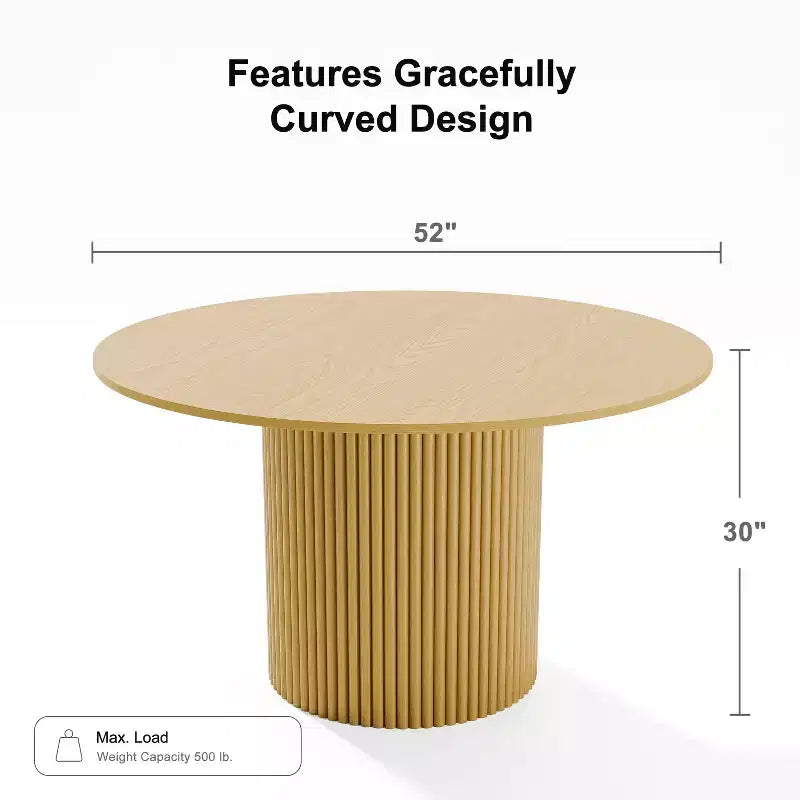 Table de salle à manger ronde 52" en bois massif avec piètement cannelé, 4 à 6 places, naturel
