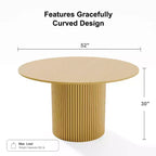 Table de salle à manger ronde 52" en bois massif avec piètement cannelé, 4 à 6 places, naturel