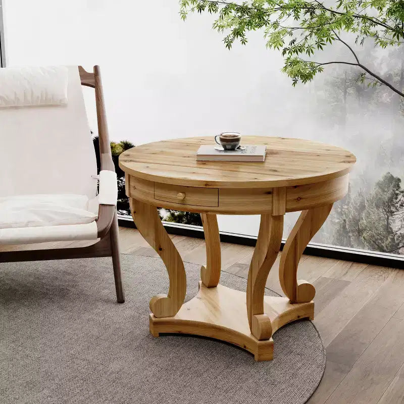 Table de salle à manger ronde Nicolas Farmhouse avec 2 tiroirs et pieds incurvés