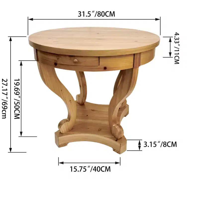 Table de salle à manger ronde Nicolas Farmhouse avec 2 tiroirs et pieds incurvés