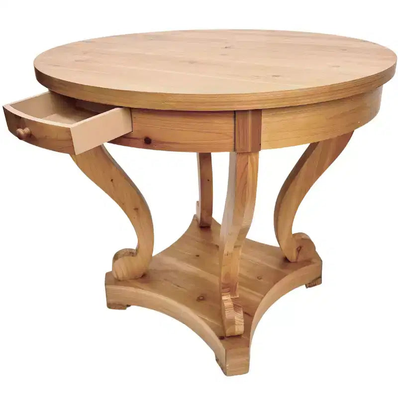 Table de salle à manger ronde Nicolas Farmhouse avec 2 tiroirs et pieds incurvés