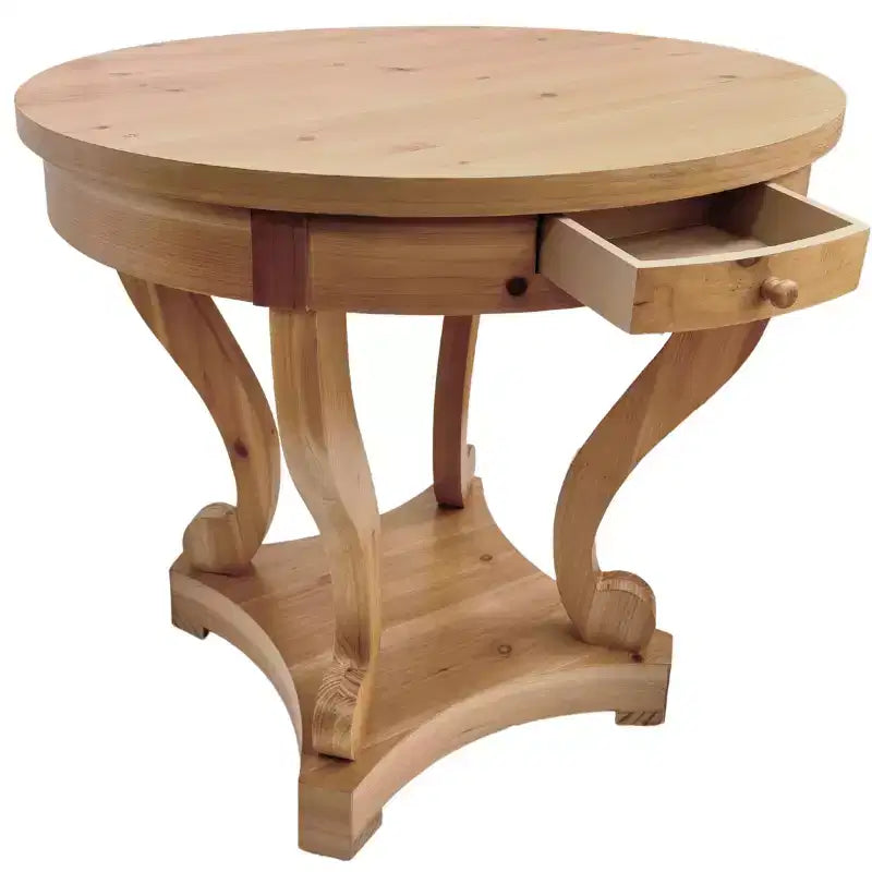Table de salle à manger ronde Nicolas Farmhouse avec 2 tiroirs et pieds incurvés