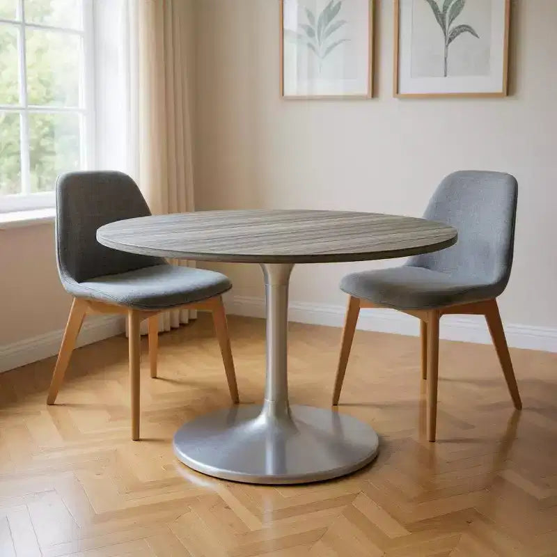 Table à manger ronde de 152 cm avec plateau en marbre et piétement en aluminium gris et argenté