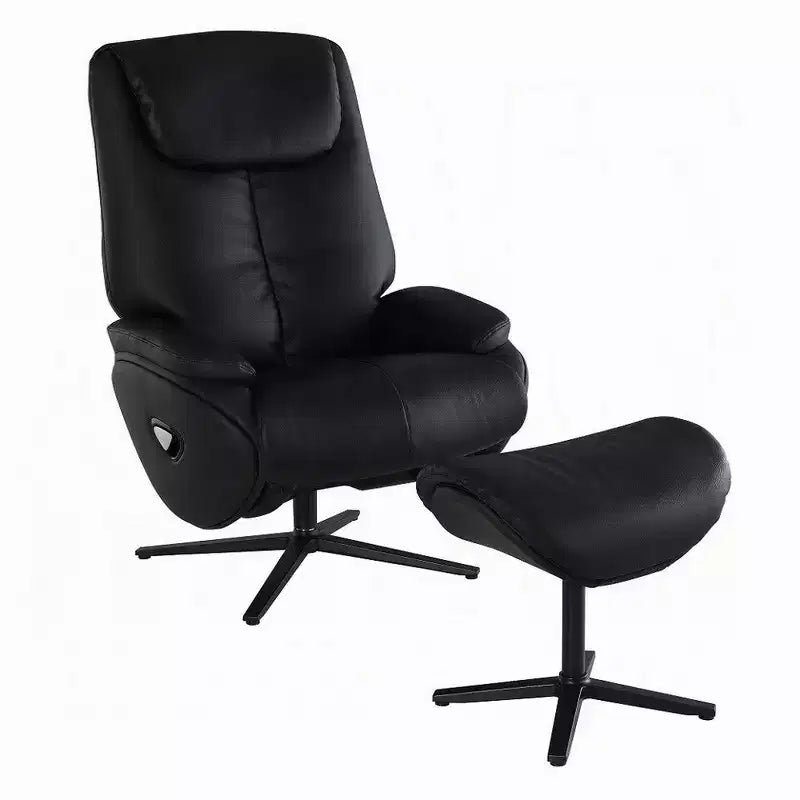 Fauteuil pivotant d'appoint avec pouf, cuir pleine fleur noir moelleux