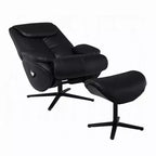 Fauteuil pivotant d'appoint avec pouf, cuir pleine fleur noir moelleux