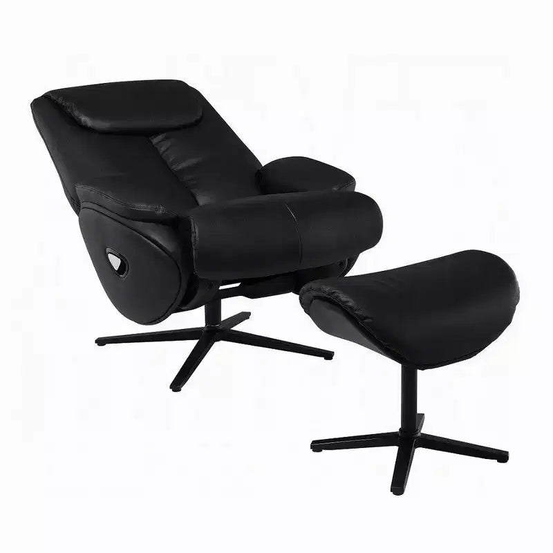 Fauteuil pivotant d'appoint avec pouf, cuir pleine fleur noir moelleux