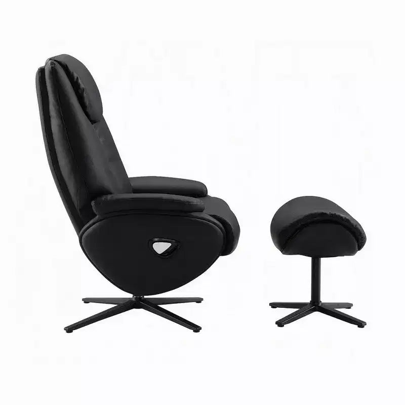 Fauteuil pivotant d'appoint avec pouf, cuir pleine fleur noir moelleux