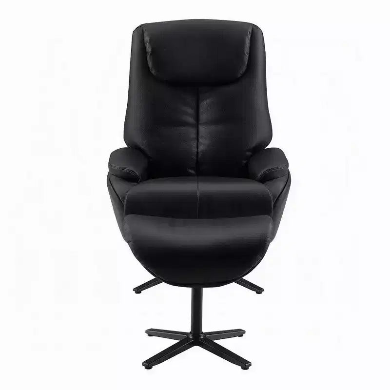 Fauteuil pivotant d'appoint avec pouf, cuir pleine fleur noir moelleux