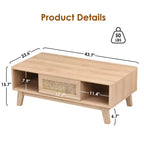 Table basse en bois à 2 niveaux de style Mid-Century avec tiroir en rotin et étagère ouverte, table basse de ferme