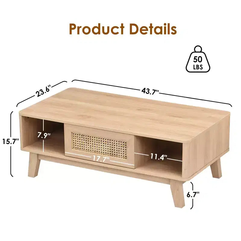 Table basse en bois à 2 niveaux de style Mid-Century avec tiroir en rotin et étagère ouverte, table basse de ferme