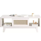 Table basse en bois à 2 niveaux de style Mid-Century avec tiroir en rotin et étagère ouverte, table basse de ferme