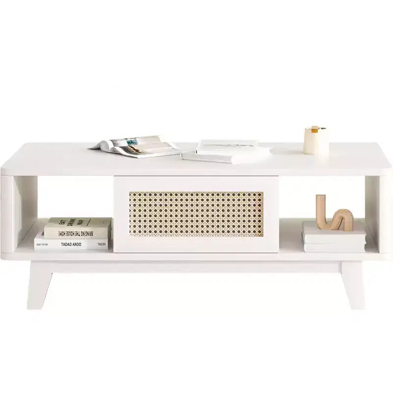 Table basse en bois à 2 niveaux de style Mid-Century avec tiroir en rotin et étagère ouverte, table basse de ferme