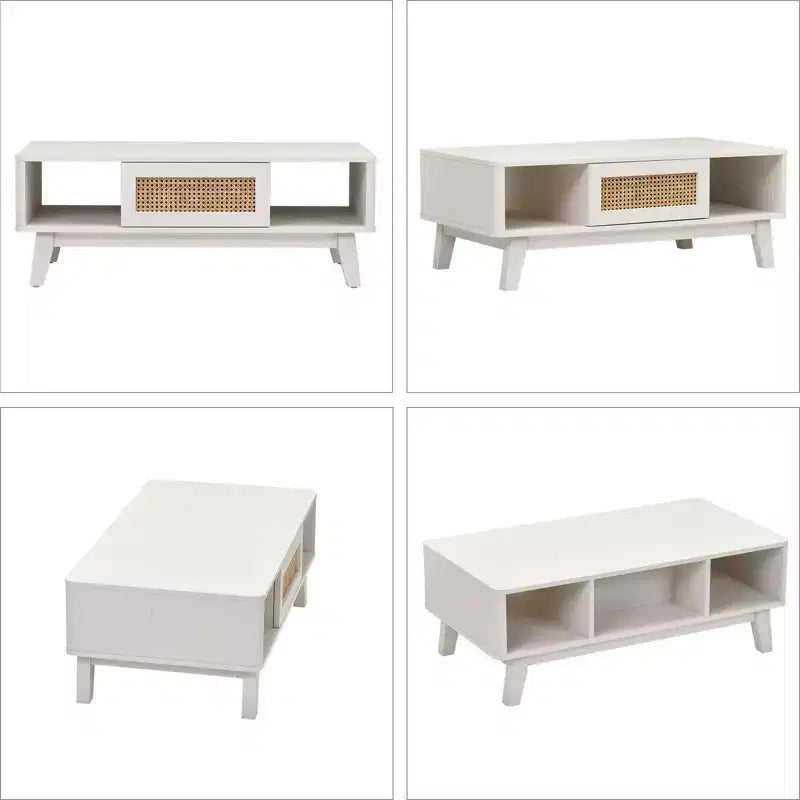Table basse en bois à 2 niveaux de style Mid-Century avec tiroir en rotin et étagère ouverte, table basse de ferme