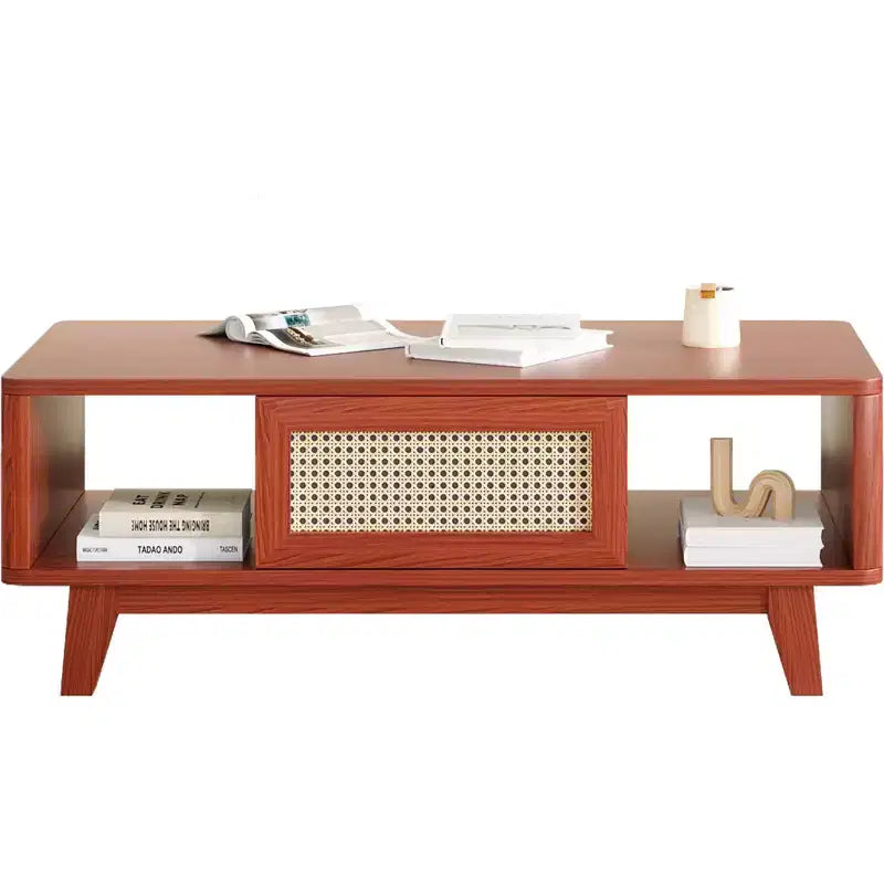 Table basse en bois à 2 niveaux de style Mid-Century avec tiroir en rotin et étagère ouverte, table basse de ferme