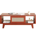 Table basse en bois à 2 niveaux de style Mid-Century avec tiroir en rotin et étagère ouverte, table basse de ferme
