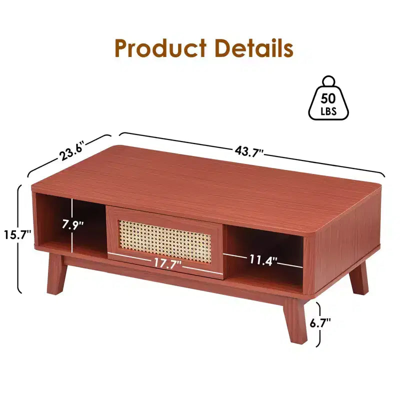 Table basse en bois à 2 niveaux de style Mid-Century avec tiroir en rotin et étagère ouverte, table basse de ferme