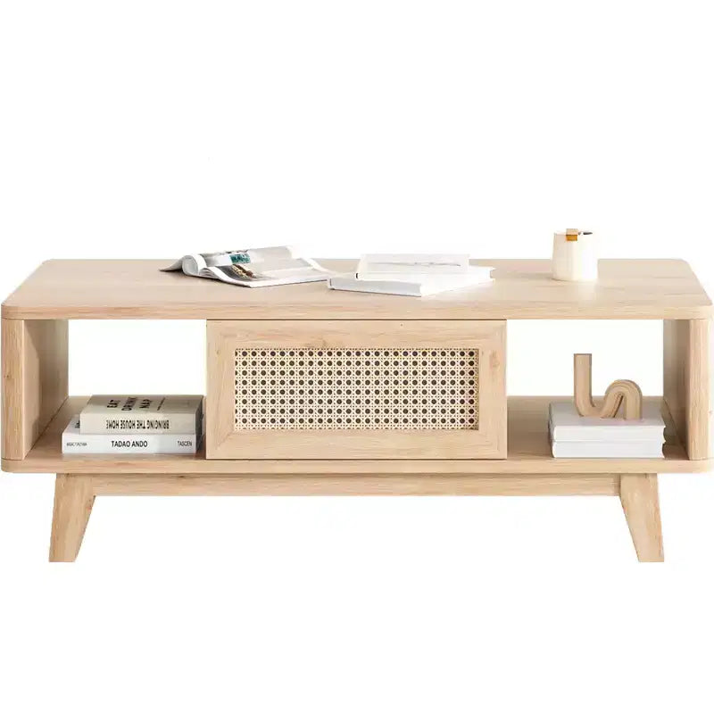 Table basse en bois à 2 niveaux de style Mid-Century avec tiroir en rotin et étagère ouverte, table basse de ferme