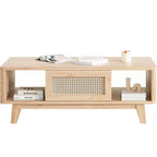Table basse en bois à 2 niveaux de style Mid-Century avec tiroir en rotin et étagère ouverte, table basse de ferme