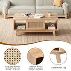 Table basse en bois à 2 niveaux de style Mid-Century avec tiroir en rotin et étagère ouverte, table basse de ferme