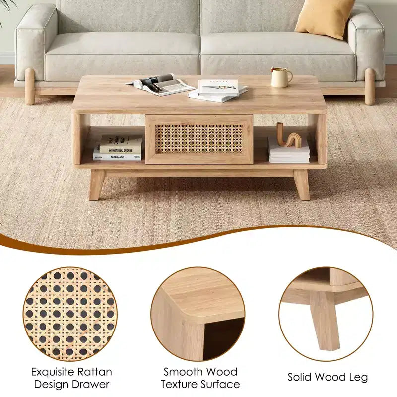 Table basse en bois à 2 niveaux de style Mid-Century avec tiroir en rotin et étagère ouverte, table basse de ferme