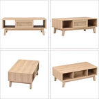 Table basse en bois à 2 niveaux de style Mid-Century avec tiroir en rotin et étagère ouverte, table basse de ferme